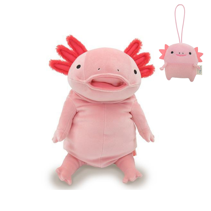 Pink Axolotl stuffed animal with petamon